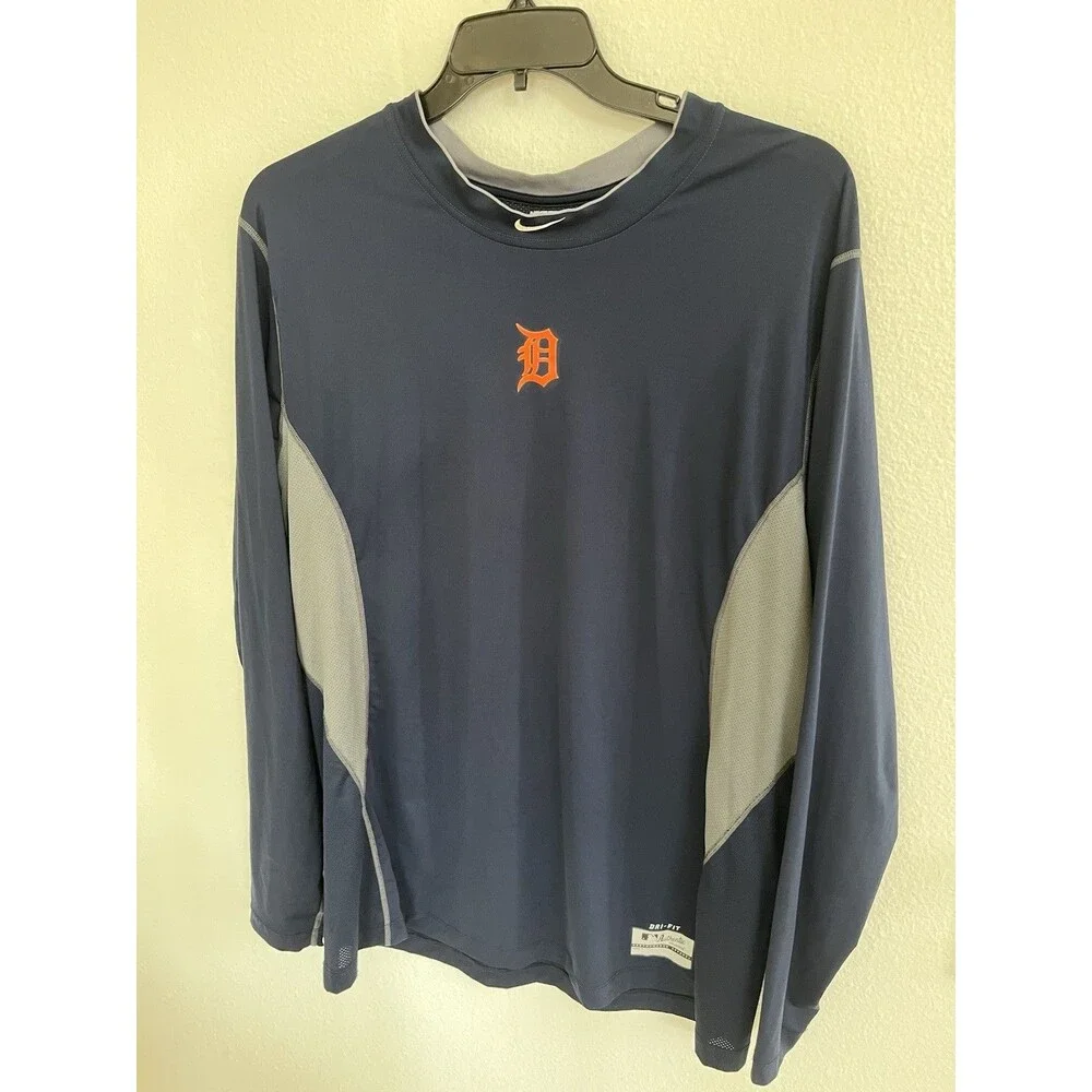 Nike Pro Fitted Dri-Fit Detroit Tigers MLB Training Shirt Mens 2XL Navy Blue Y2K